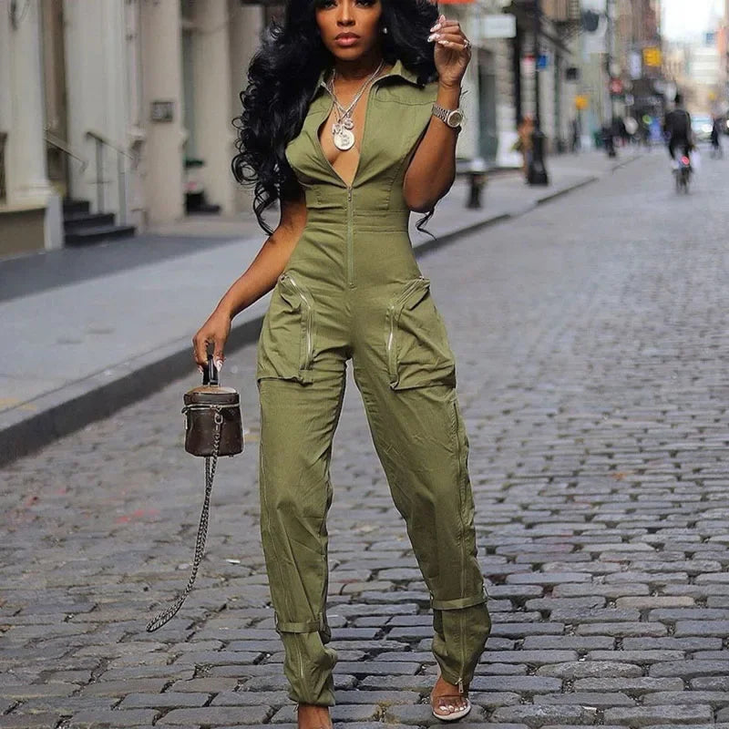 Streetwear Front Zipper Turn-down Collar Cargo Jumpsuit Women Short Sleeve Multiple Pockets One Pieces Romper Casual Overalls
