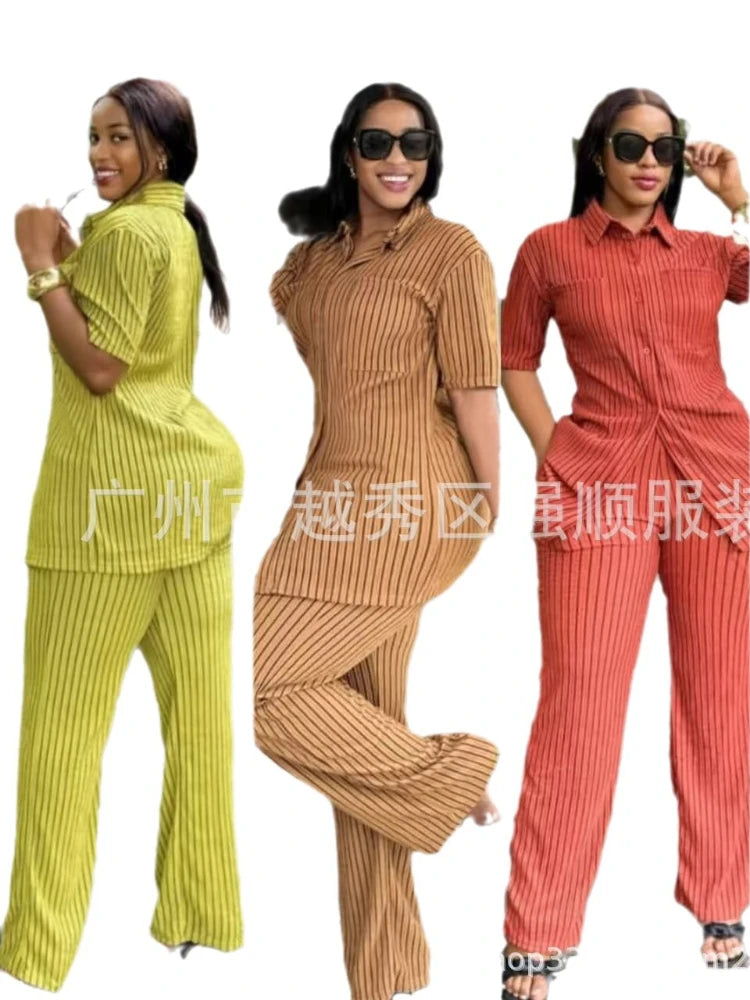 Two Piece Sets Women Pant Set Turn Down Collar Streetwear Y2k Single Breasted Shirt Tops Striped Wide Leg Long Pants Casual 2025