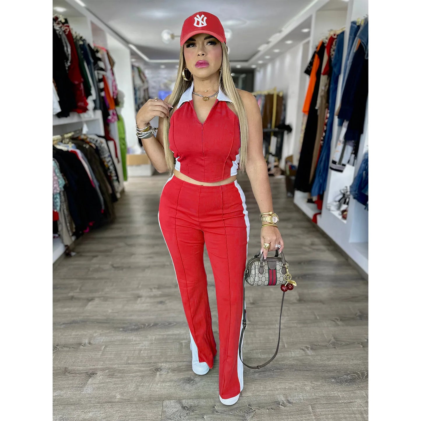 CM.YAYA Sporty Patchwork Women's Set Sleeveless Polo-tank Tops and Slit Flare Pants 2025 Active Two 2 Piece Set Outfit Tracksuit