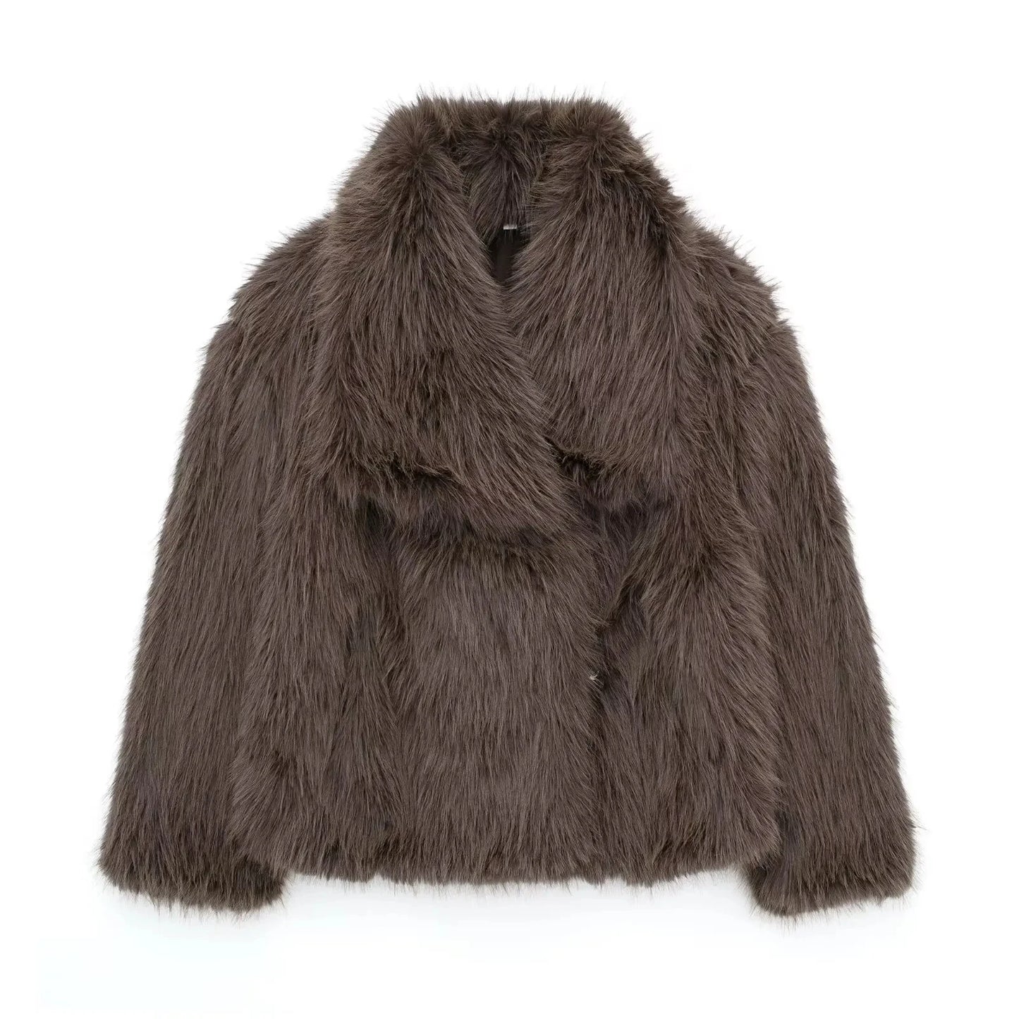 TRAFZA Female Vintage Artificial Fur Effect Coats Lapel Warm Plush Long Sleeves Hidden Buttons Autumn Winter Casual Outerwear