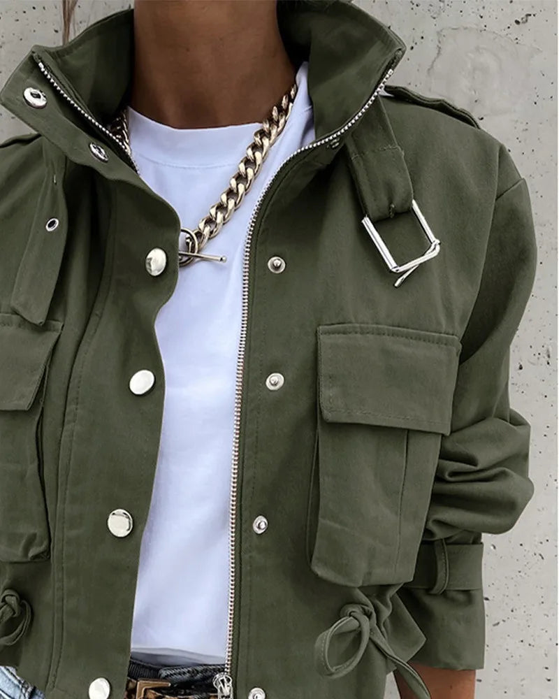 Woman Jacket Clothing Streetwear Autumn &winter Elegant Slim Round Neck Solid Pocket Button Design Long Sleeve Workwear Coats