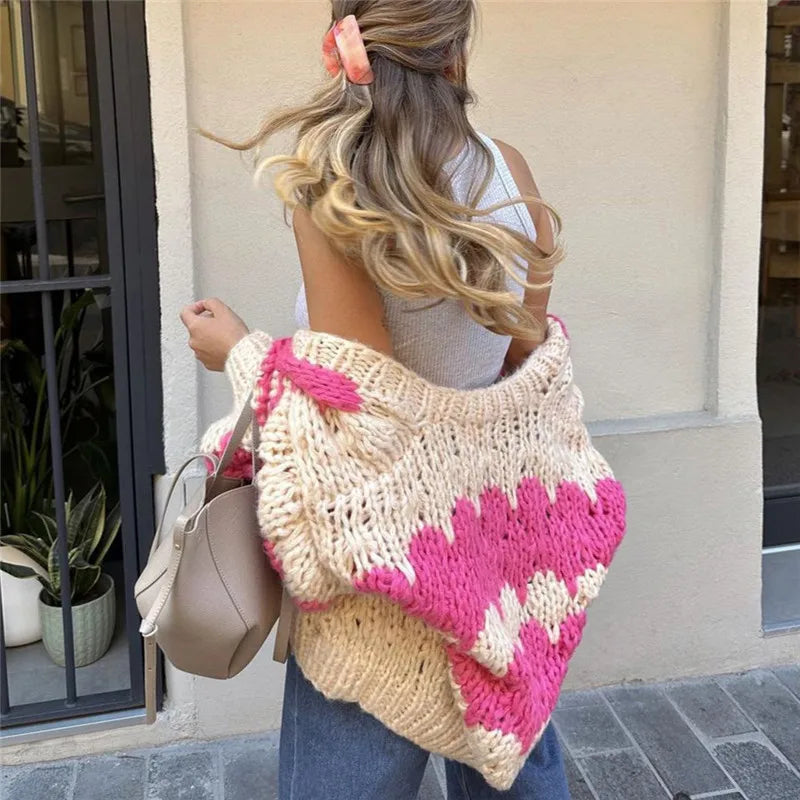 Imcute Women Oversized Cardigan Sweaters Color Block Long Sleeve Chunky Knit Sweaters Coat Y2K Open Front Colorful Cardigans
