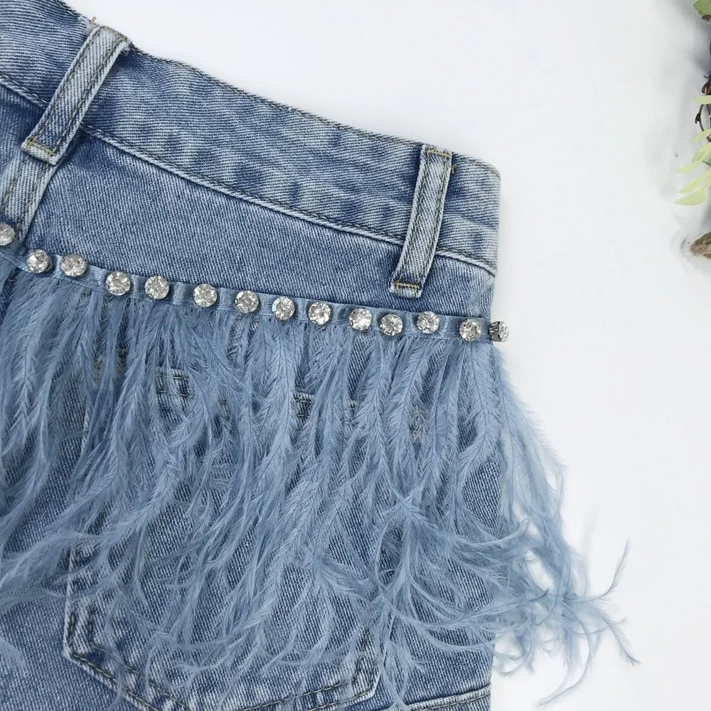 Rhinestone Beaded Exquisite Feather High Waist Denim for Women's Blue Jeans Shorts DS Nightclub Sexy Hot Pants Fashion