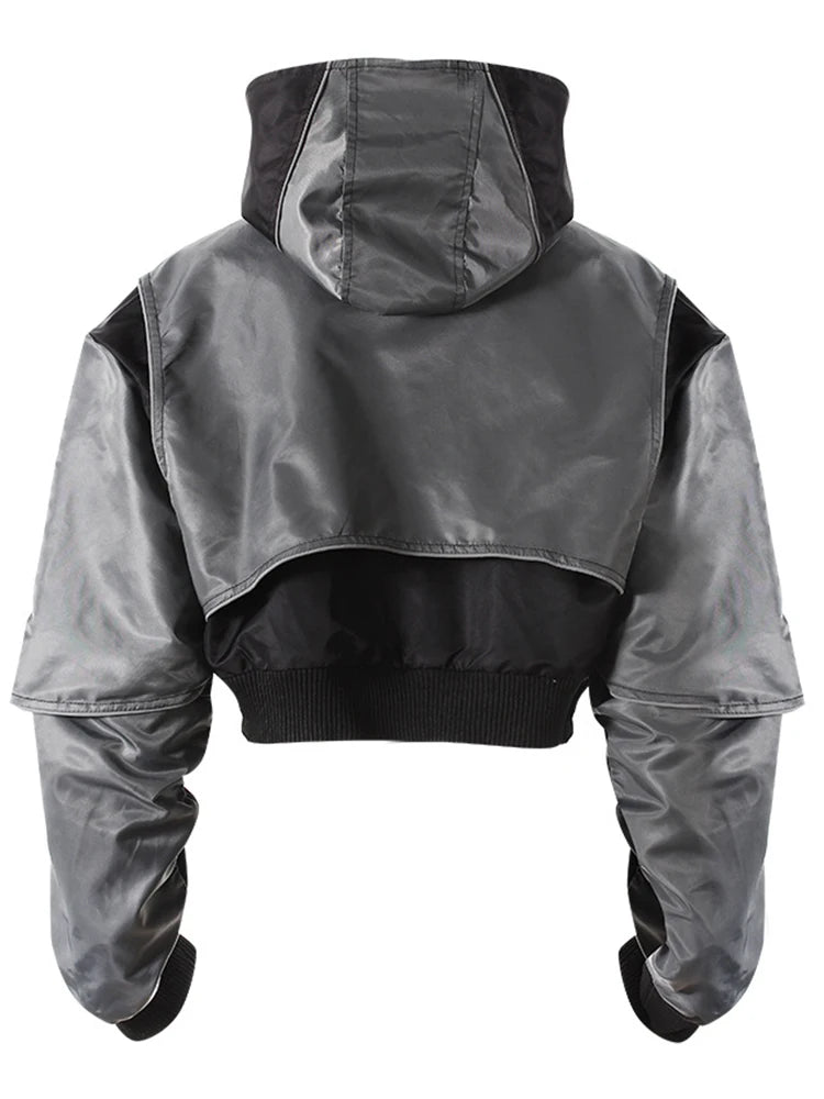 DEAT Fashion Women's Jackets Hooded Zipper Short Contrast Color Drawstring Deconstruction Coat Autumn 2025 New Tide 7AB4742