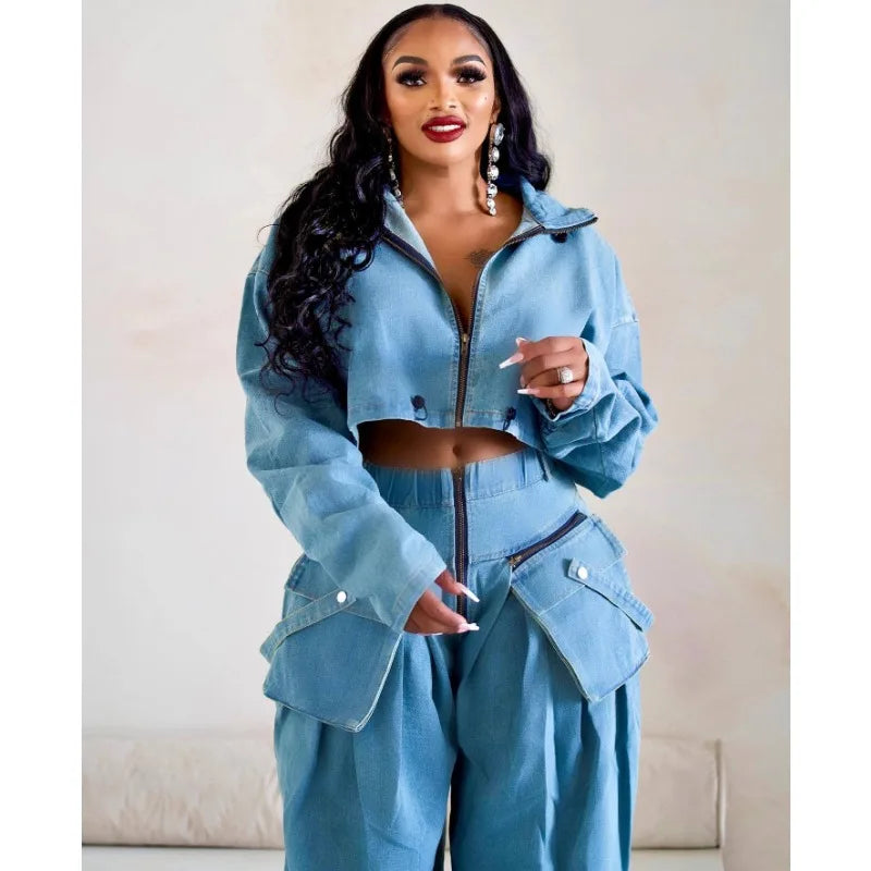 Casual Loose Denim Two Piece Set for Women Streetwear 2023 Autumn Zipper High Collar Crop Top Elastic Waist Wide Leg Cargo Pants