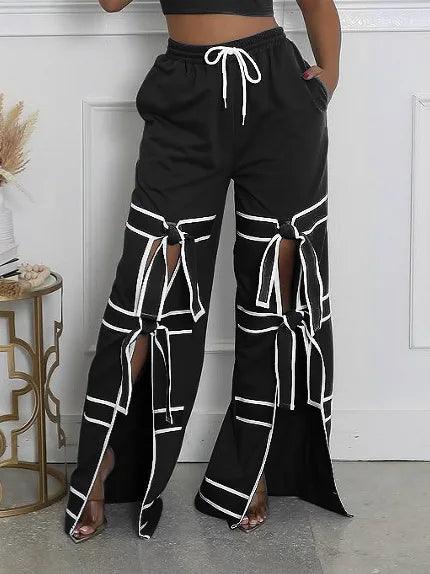 CM.YAYA Fashion Women Striped Patchwork Bowknot Split Wide Leg Jogger Pants 2025 Summer Active Sporty Classic Trousers
