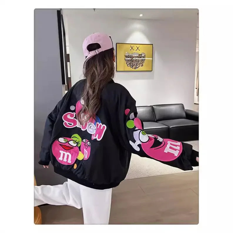 Cross-border Cartoon Embroidery Baseball Jacket For Men Women Casual Loose Fit Hip Hop Top Spring Autumn Letter Couple Jacket