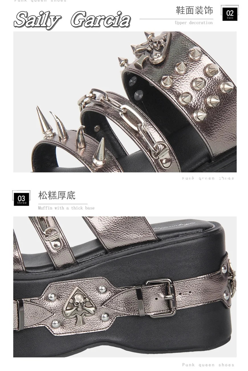 Punk Style Metal Rivet Thick Sole 10CM Heel Slippers Open Toe Size 34-47 Original Customization Y2K Slides Silver Hollow Sandals