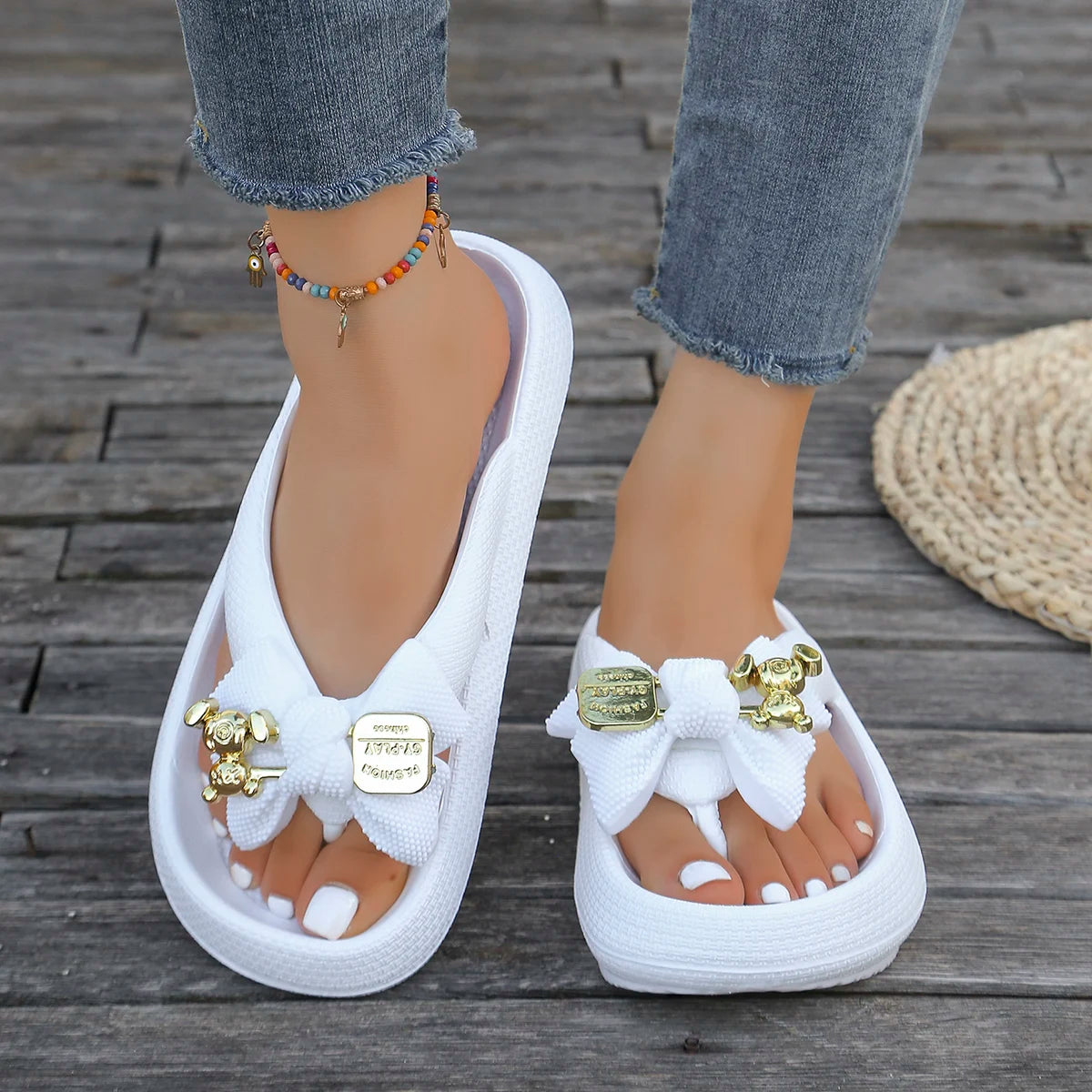 Summer Women Multi-Color Flip Flops Fashion Metallic Teddy Bear Bow Slide Sandal Beach Vacation Home shower Versatile Footwear