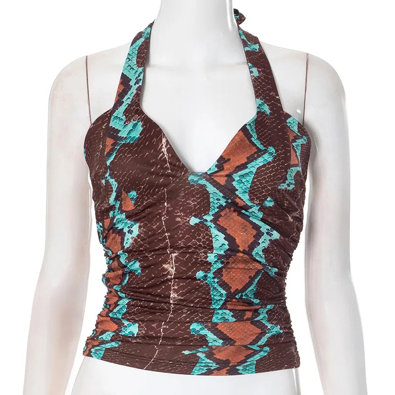 ANJAMANOR Brown Printed Crop Tops Woman Summer Clothes 2025 Sexy Lace Up Deep V Neck Backless Tanks for Womens D85-AH11