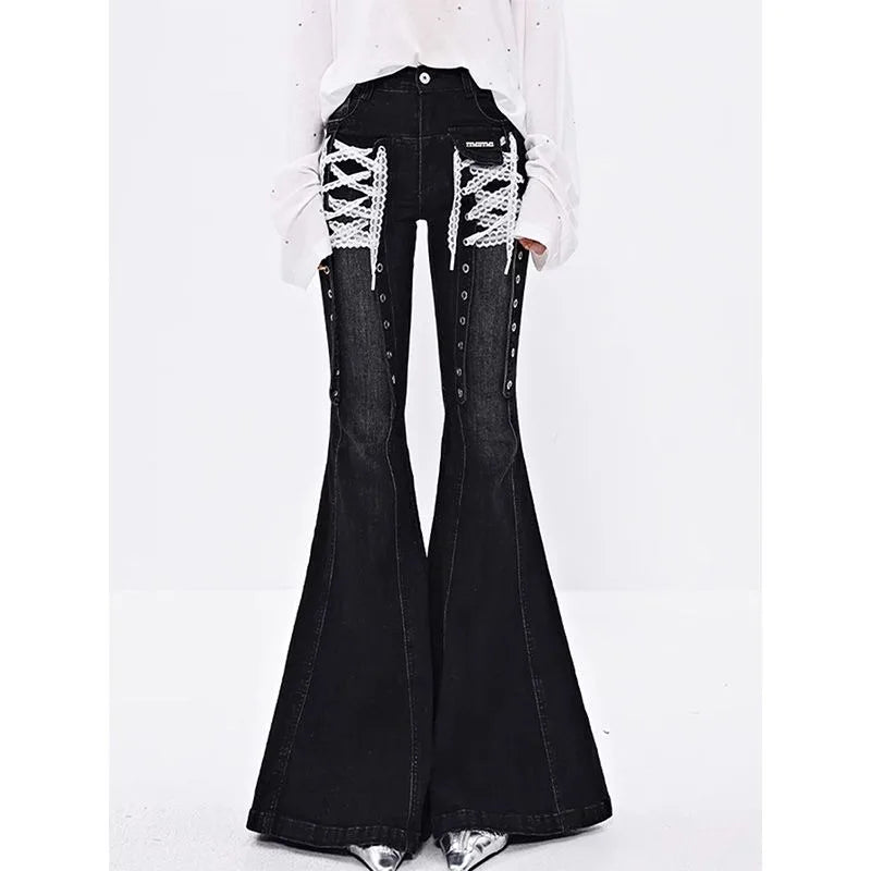 European White Y2k Lace Strap Micro Flared Jeans for Women Hot Girls Street Low Waist Slim Fit and Slimming Floor Length Pants