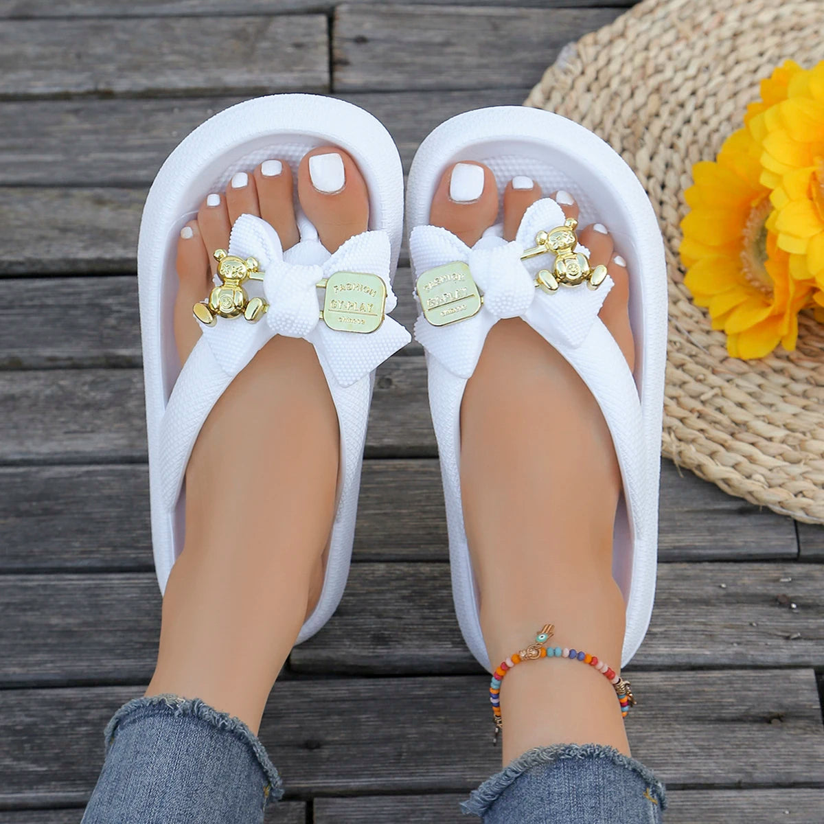 Summer Women Multi-Color Flip Flops Fashion Metallic Teddy Bear Bow Slide Sandal Beach Vacation Home shower Versatile Footwear