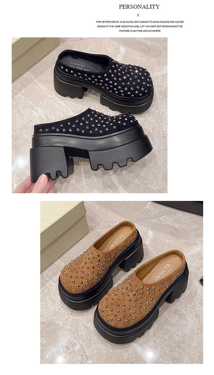 10CM New Rivet Platform Women Slippers Fashion Chunky High Heeled Sandals Comfort Roma Style Round Toe Slide Mule Shoes Summer