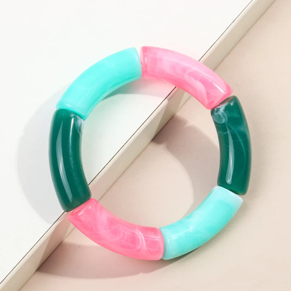 FishSheep Trendy Acrylic Stacked Bamboo Beads Bangles Bracelets for Women Bohemian Resin Elastic Beaded Bracelets Set Jewelry