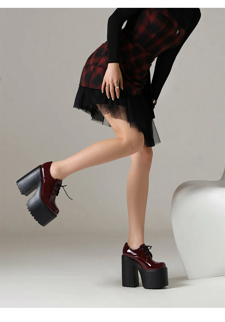 Ultra High Waterproof Platform Shiny Patent Leather Lace Up Women's Pumps Breathable Lining Thick Heels Punk Trendy High Heels