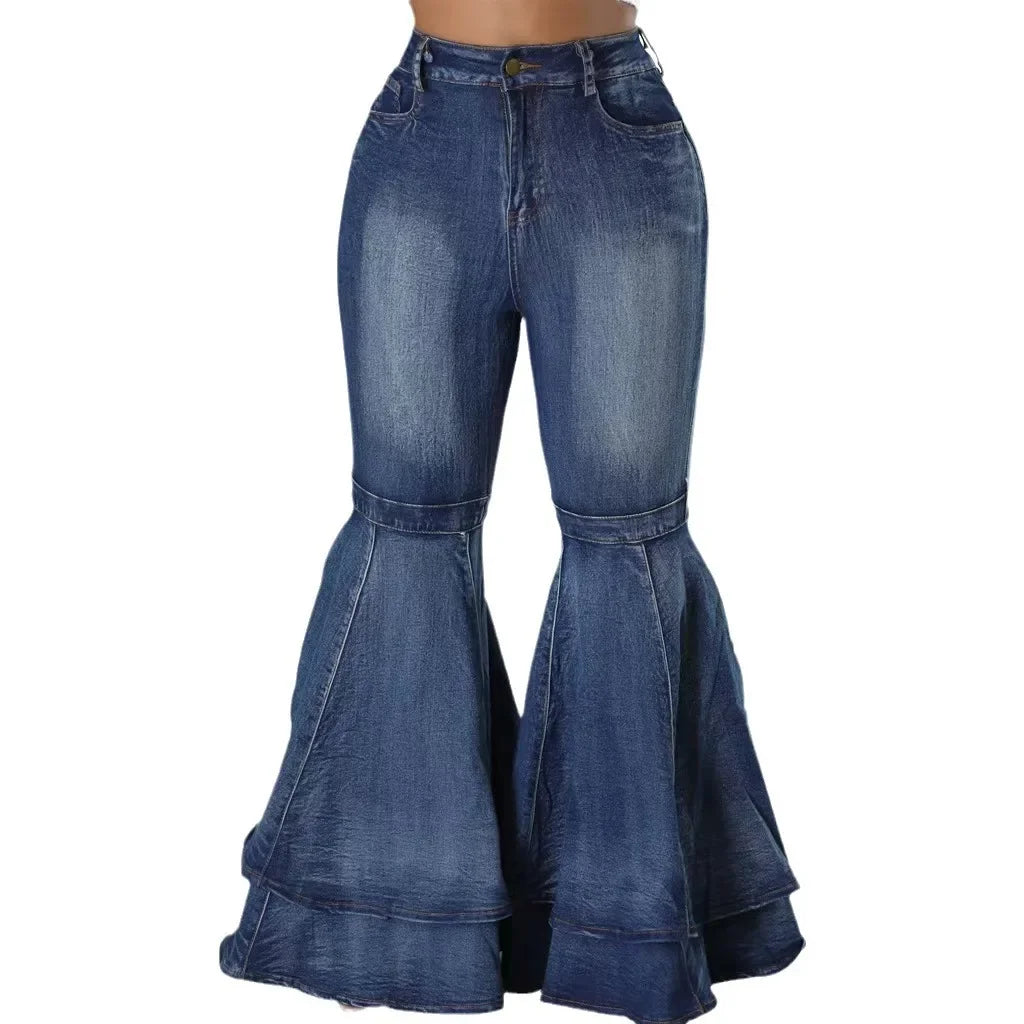 Fashion Versatile Wide Leg Washed Denim Stretch Flared Pants Women