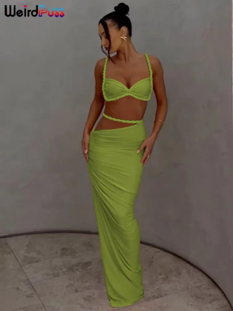 Weird Puss Bandage Ruched 2 Piece Set Women Square Collar Bra+Skinny Long Skirts 2025 Summer Vacation Beach Party Trend Suits