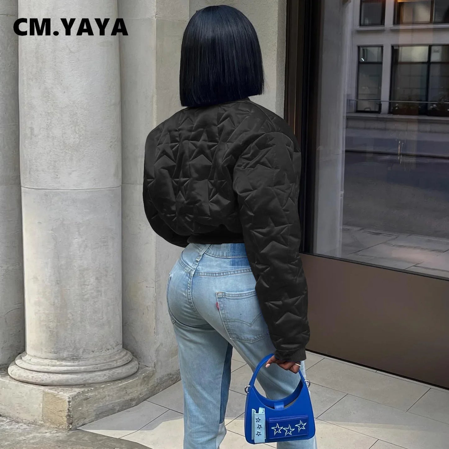 CM.YAYA Women Long Sleeve Star Zipper Fly Baseball Style Parkas Jackets 2023 Autumn Winter Keep Warm Outcoats Jacket