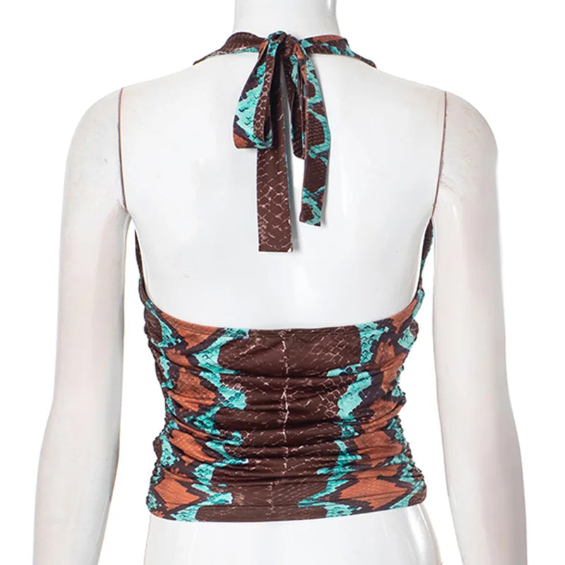 ANJAMANOR Brown Printed Crop Tops Woman Summer Clothes 2025 Sexy Lace Up Deep V Neck Backless Tanks for Womens D85-AH11