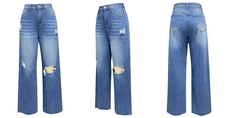 Women Jeans Ankle Length Holes Loose Flat Straight Pants Zipper Fly Pockets Solid Color High Street Slight Strech Denim