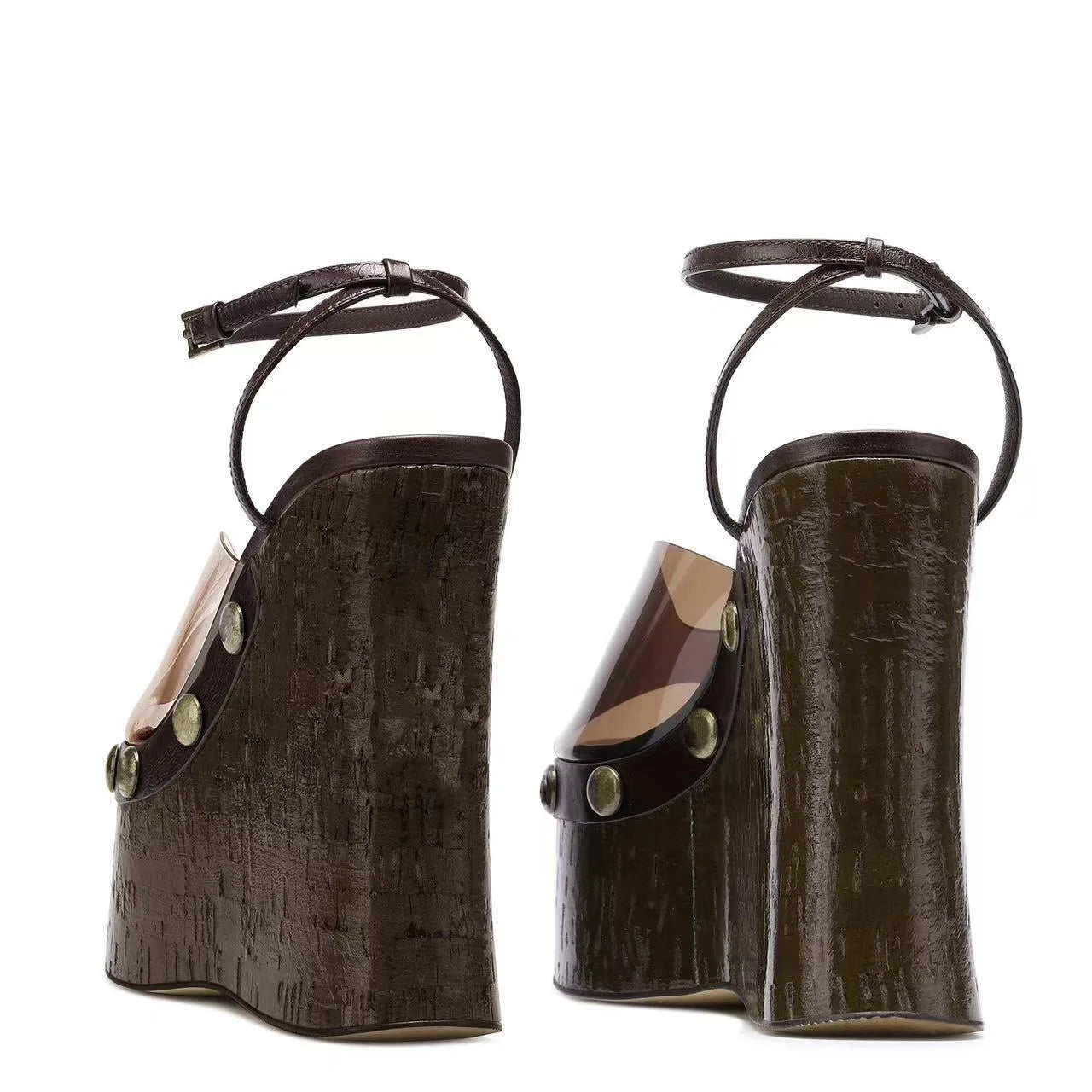 Large Rivets Embedded PVC Strap Women’s Sandals Peep Toe Wedges Super High Heels Tall Platform Sandales à Talons Heighten Shoes