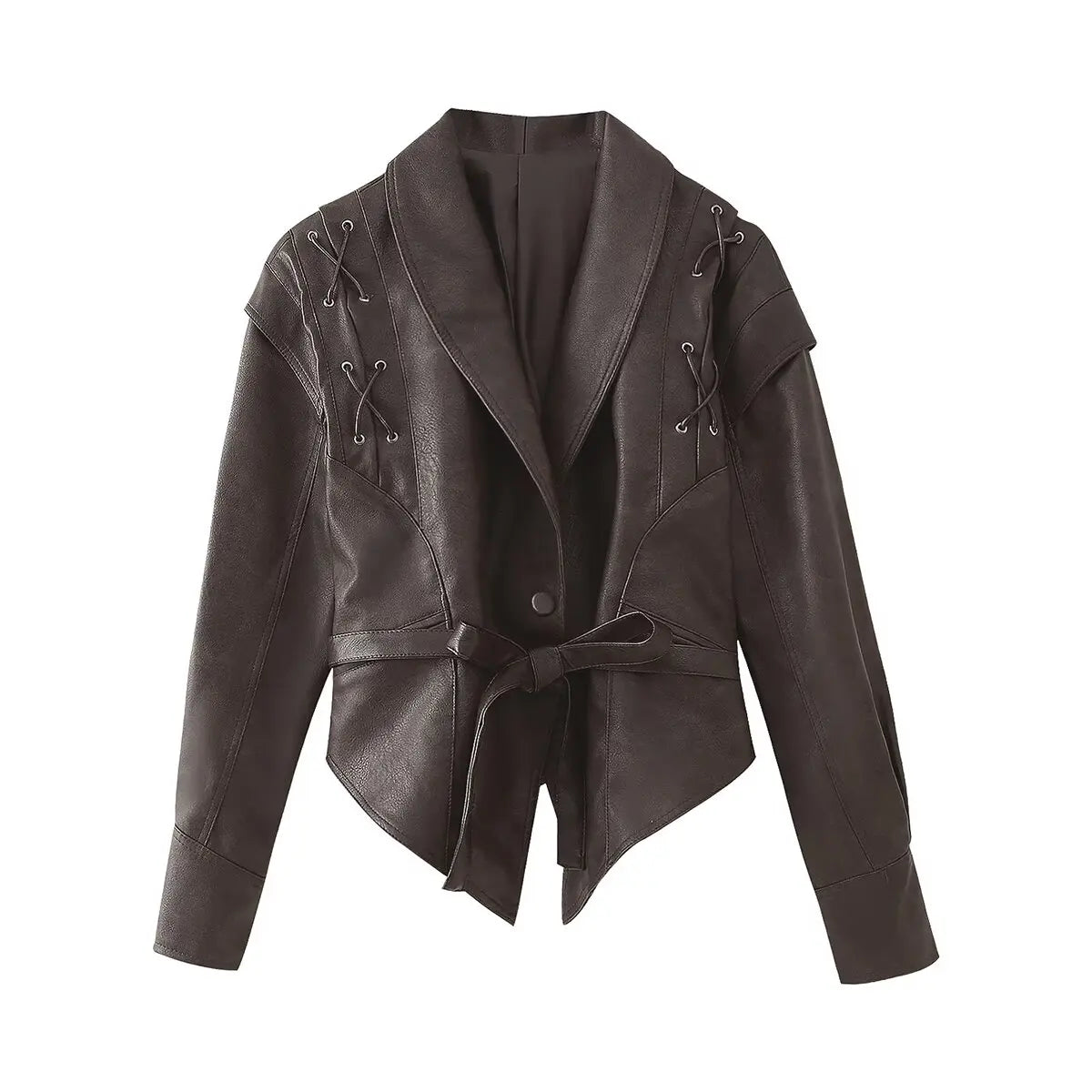 TRAFZA Spring Women Retro Brown PU Jackets Lace-up Single Button Coats Slim Sashes Jacket Fashion 2025 Female Casual Outwears