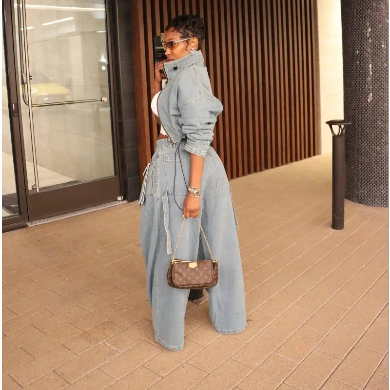 Casual Loose Denim Two Piece Set for Women Streetwear 2023 Autumn Zipper High Collar Crop Top Elastic Waist Wide Leg Cargo Pants