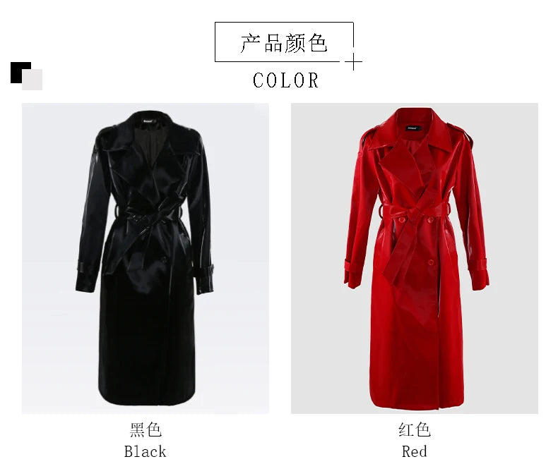 Nerazzurri Autumn Long Cool Black Shiny Glitter Patent Faux Leather Trench Coat for Women Sashes Double Breasted Europe Fashion