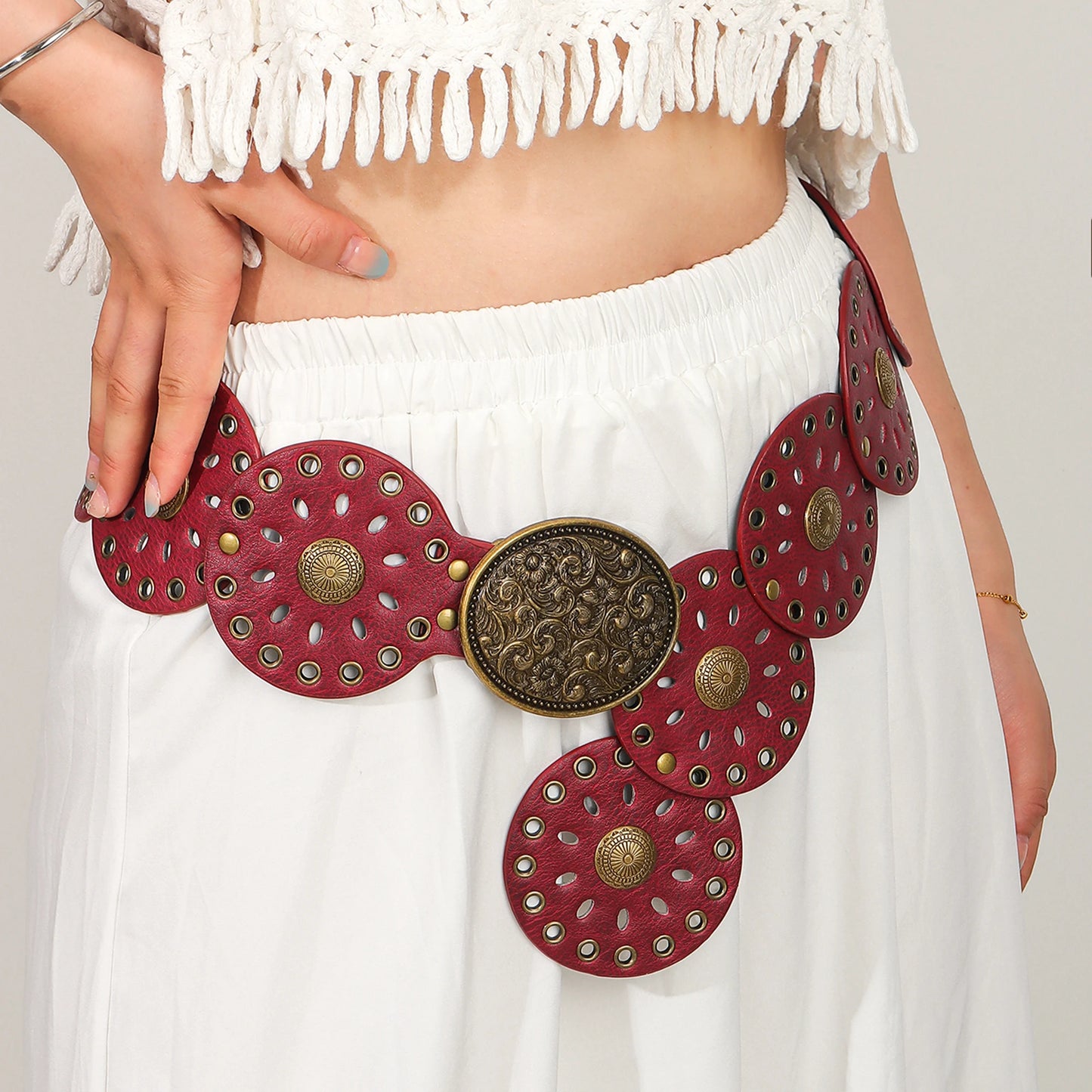 New rivet round piece ethnic style belt for women vintage with skirt pants waist cover Boho style patchwork belt