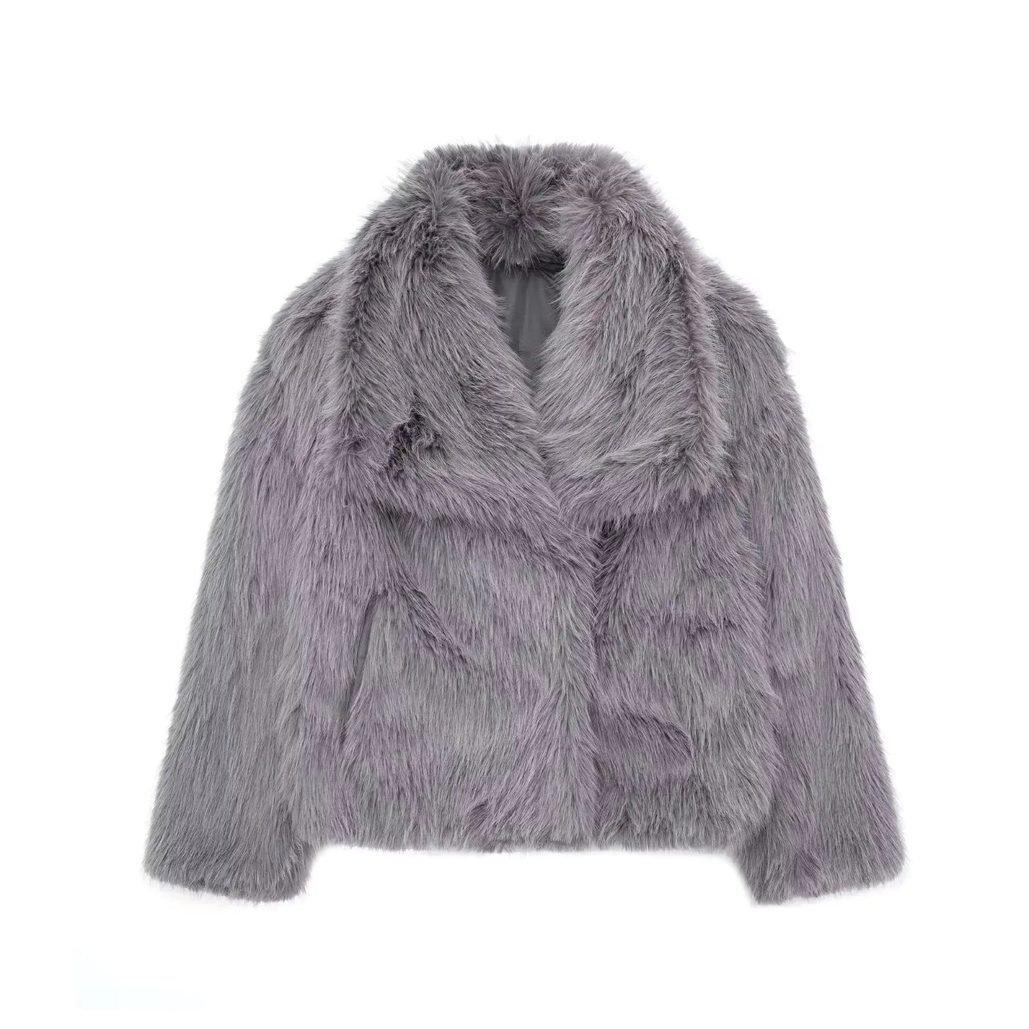 TRAFZA Female Vintage Artificial Fur Effect Coats Lapel Warm Plush Long Sleeves Hidden Buttons Autumn Winter Casual Outerwear