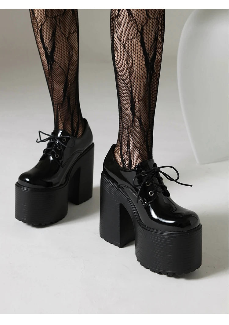 Ultra High Waterproof Platform Shiny Patent Leather Lace Up Women's Pumps Breathable Lining Thick Heels Punk Trendy High Heels