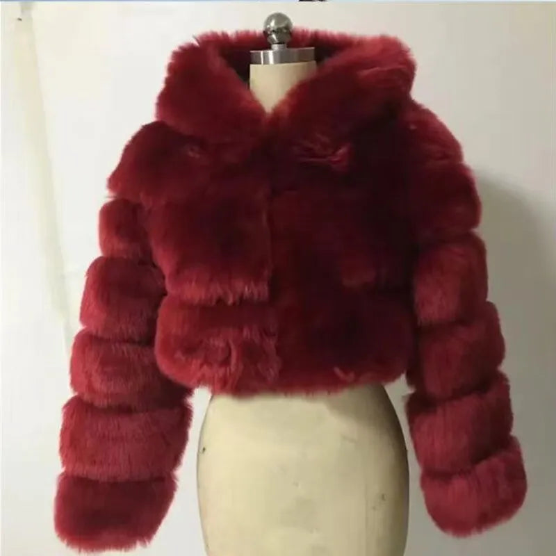 S-6XL Women Coat Autumn Winter Short Hooded Faux Fox Fur Coat Thick Warm Outerwear Fake Fur Woman Jackets Ladies Furry Coats