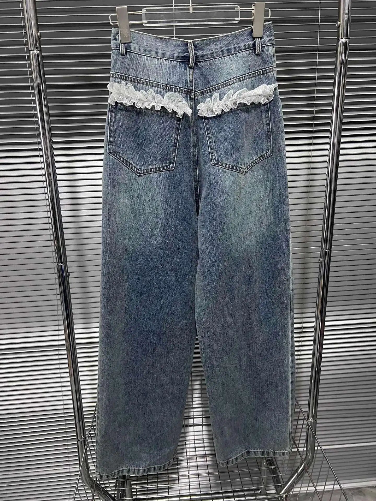 DEAT Women's Fashion Retro Lace Patchwork Denim Long Pants High Waist Wide Leg Jeans Female 2024 Arrival Winter New 11A02128