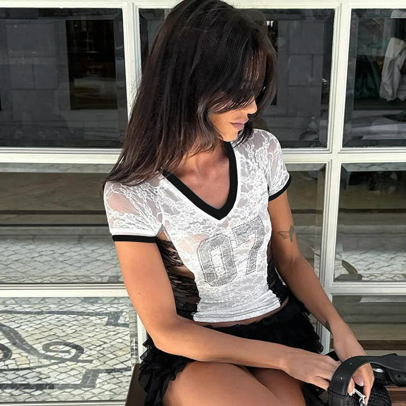 CUTENOVA 2025 Spring And Summer New Letters V Neck Rhinestone American Lace Color Collision Patchwork Top T-Shirt Streetwear