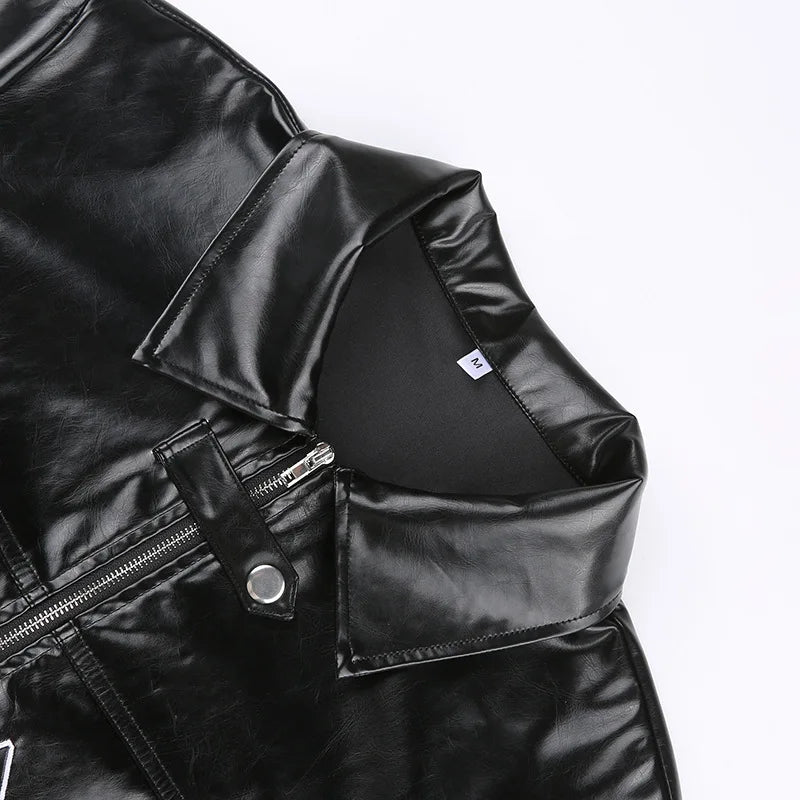 FAGADOER Y2k Punk Gothic Leather Jacket Women Cropped Lapel Letter Embroidery Moto Jackets Coat Short Female Streetwear New