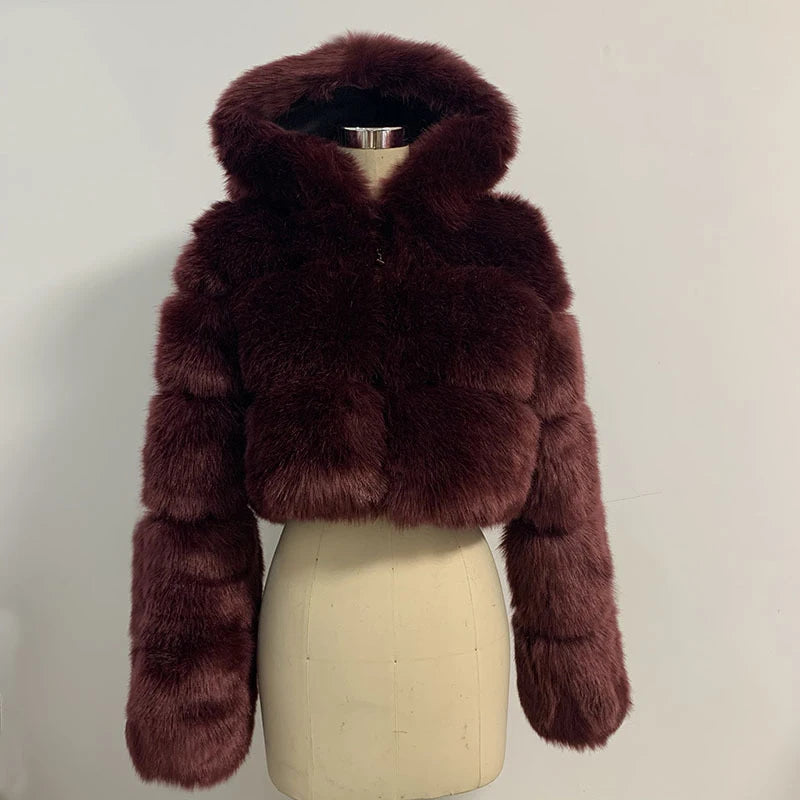 S-6XL Women Coat Autumn Winter Short Hooded Faux Fox Fur Coat Thick Warm Outerwear Fake Fur Woman Jackets Ladies Furry Coats