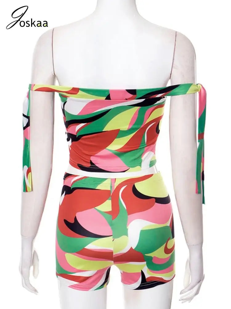 Joskaa Colorful Print Beach Style 2 Piece Sets Women Swimsuit Sexy Tube Tops and Shorts Matching 2025 Summer Bathing Suit