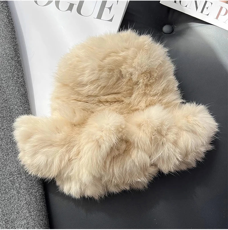 New Real Rabbit Fur Fisherman's Hat For Women Winter Warm Rabbit Fur Caps Soft Natural Rabbit Fur Hats Female Fashion Fur Cap