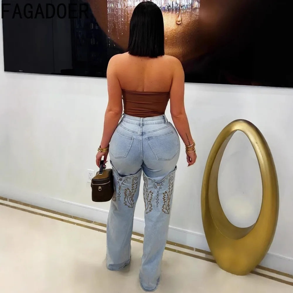 FAGADOER Y2k Fashion Embroidery Denim Straight Leg Pants Women 2025 Summer New Retro Washed Jeans Straight Trousers Streetwear