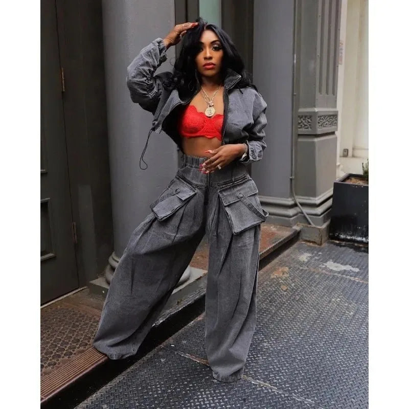 Casual Loose Denim Two Piece Set for Women Streetwear 2023 Autumn Zipper High Collar Crop Top Elastic Waist Wide Leg Cargo Pants