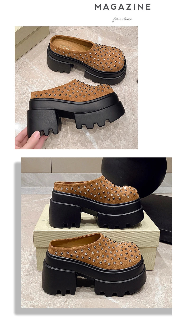 10CM New Rivet Platform Women Slippers Fashion Chunky High Heeled Sandals Comfort Roma Style Round Toe Slide Mule Shoes Summer