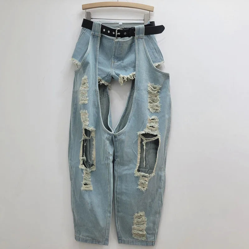 DEAT Fashion Women's Worn-out Hole Belt Denim Pants Splicing Low Waisted Shorts Two-piece Set Female 2024 Autumn New 11A01141