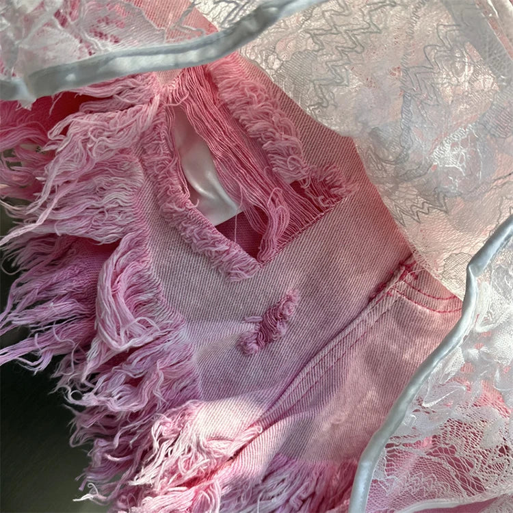 Ruffle Leaf Edge Irregular Curtain Skirt Sweet A Line Skirt Lace Splicing Denim Shorts Street Hipster Denim Shorts Women
