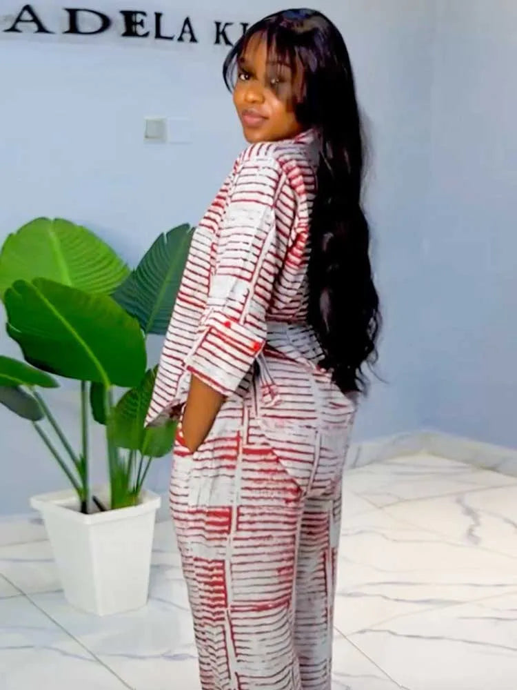 Two Piece Outfits Woman Summer Red Striped Slimming Shirt and Pants Set Woman Casual Clothing Set Wholesale Dropshipping
