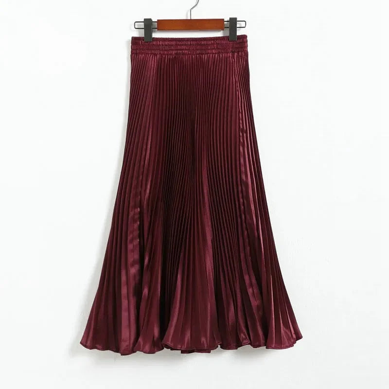 Women's Fashion Pleated Mermaid Long Skirt Korean Style Casual High Waist Satin Flowy Skirts Shiny 19 Colors 2024 Spring SK500
