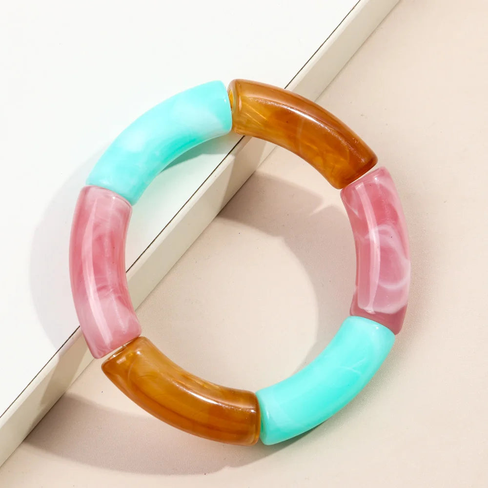 FishSheep Trendy Acrylic Stacked Bamboo Beads Bangles Bracelets for Women Bohemian Resin Elastic Beaded Bracelets Set Jewelry
