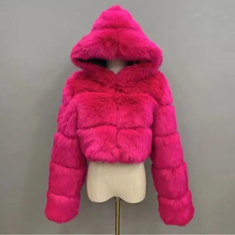 S-6XL Women Coat Autumn Winter Short Hooded Faux Fox Fur Coat Thick Warm Outerwear Fake Fur Woman Jackets Ladies Furry Coats