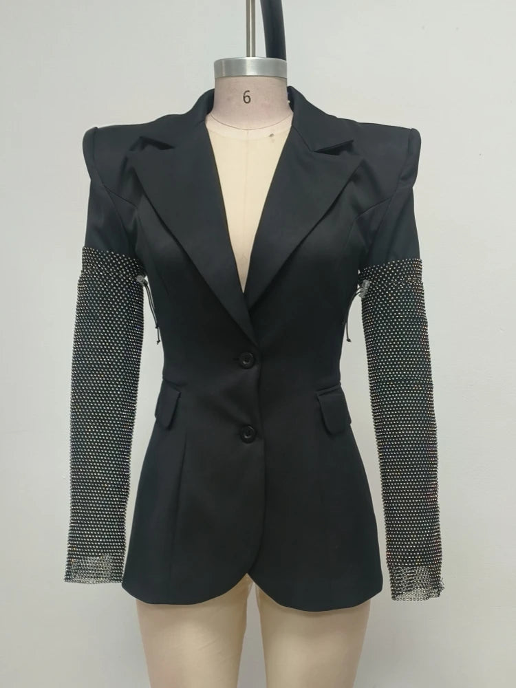 Sexy V Neck Long Sleeve Blazer With Rhinestone Sleeve Women Black Diamond Patchwork Slim Jacket Evening Party Club Cocktail Coat