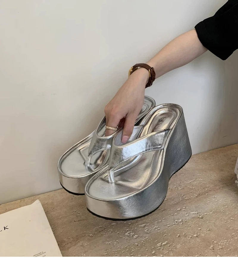 Design Summer Chunky Woman Slippers Fashion Platform Wedges High Heel Silvery Ladies Shoes Zapatillas De Mujer