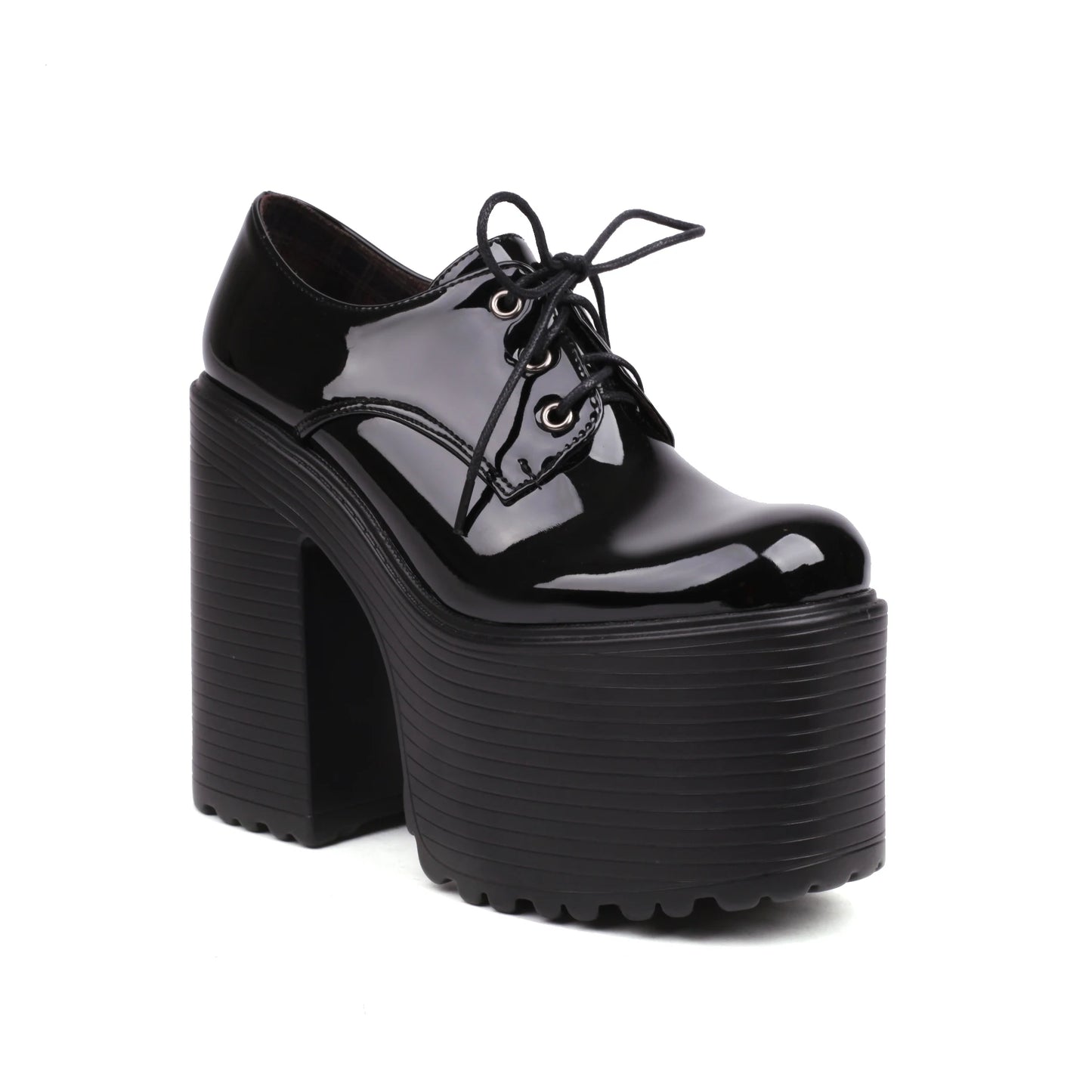 Ultra High Waterproof Platform Shiny Patent Leather Lace Up Women's Pumps Breathable Lining Thick Heels Punk Trendy High Heels